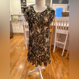 Belle Du Jour sheer ruffle trim parakeet pattern dress